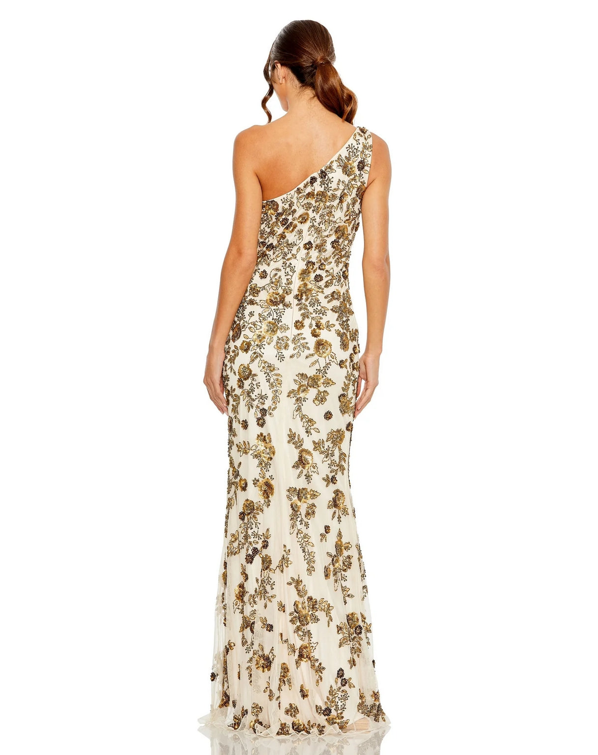 Formal Dresses Long Floral Beaded One Shoulder Dress Champagne Gold