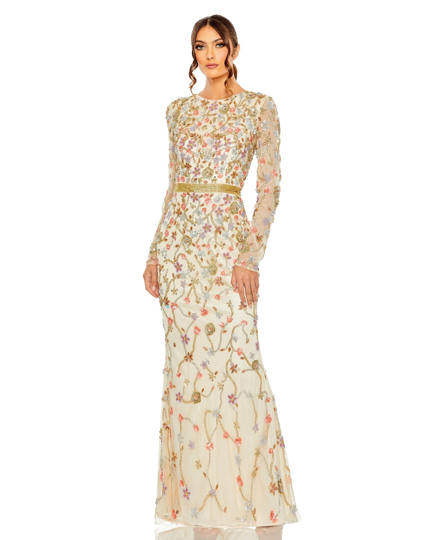 Formal Dresses Long Sleeve Formal Floral Dress Nude Multi