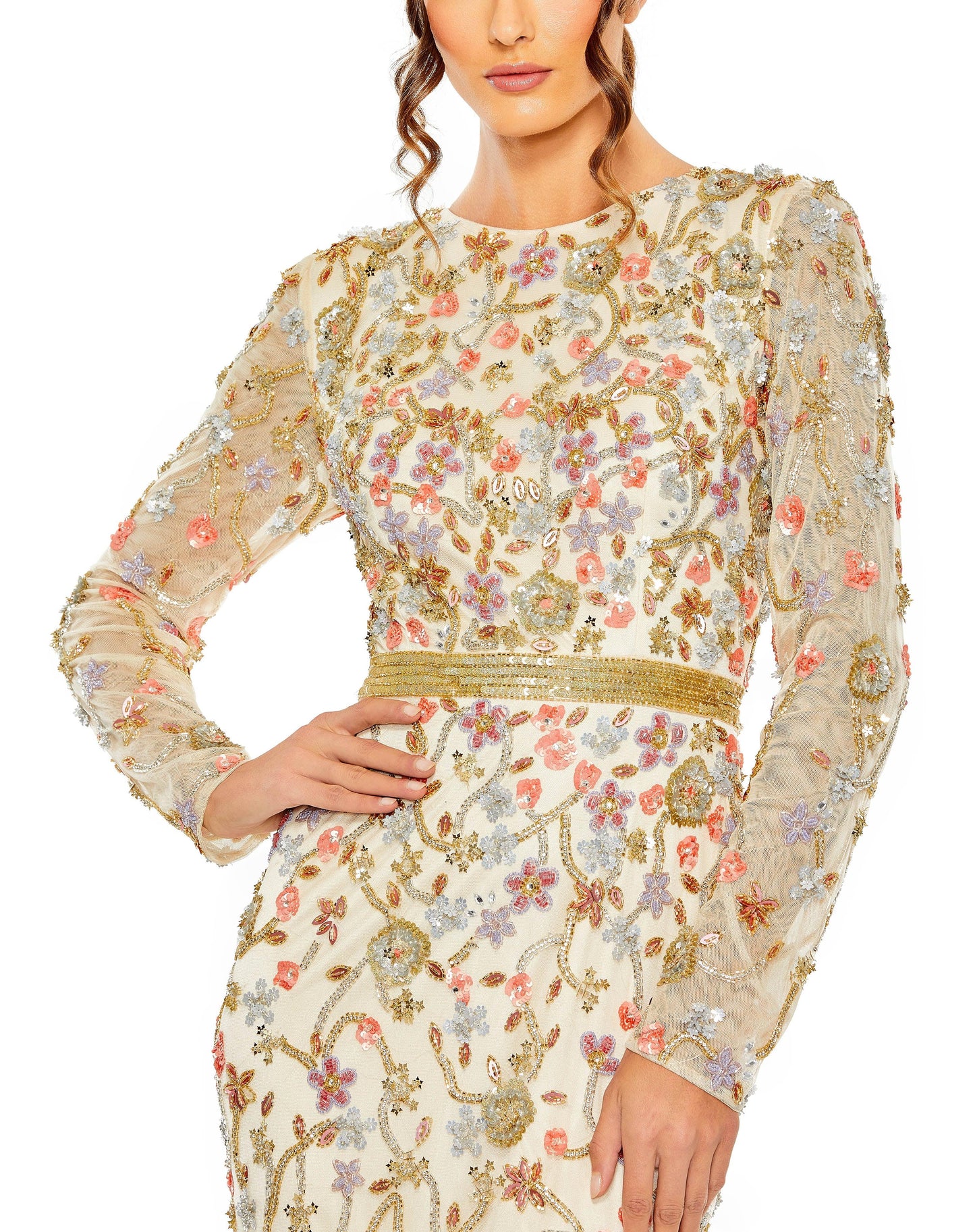 Formal Dresses Long Sleeve Formal Floral Dress Nude Multi