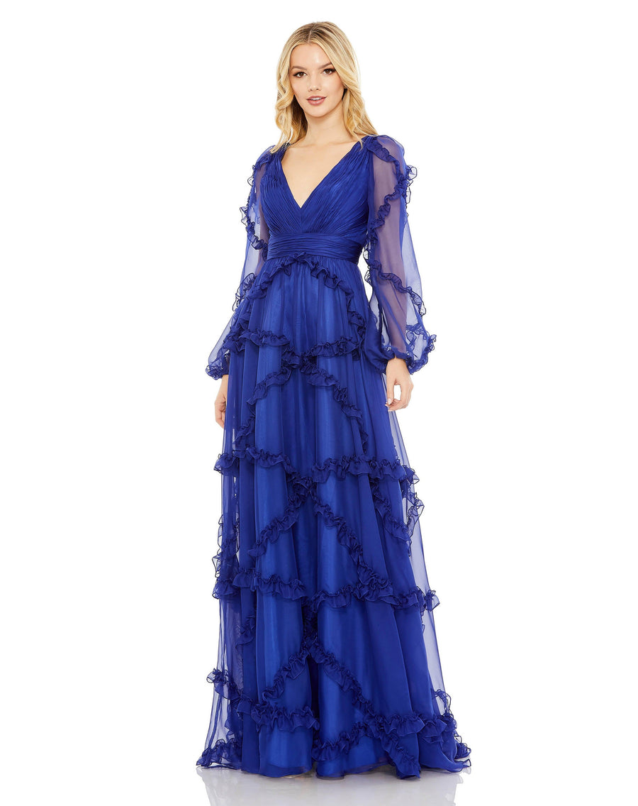 Formal Dresses Long Sleeve Formal Ruffle Chiffon Dress Sapphire