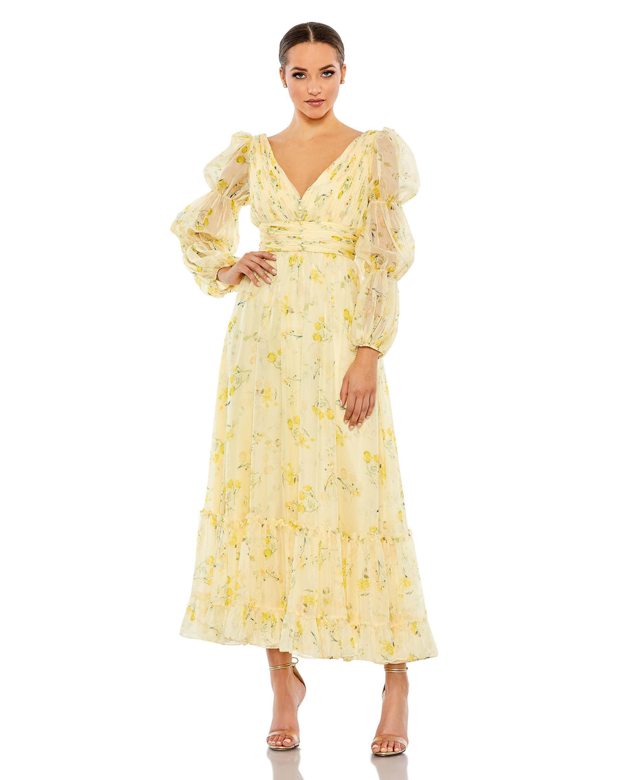 Formal Dresses Long Sleeve Formal Tea Length Dress Yellow Multi