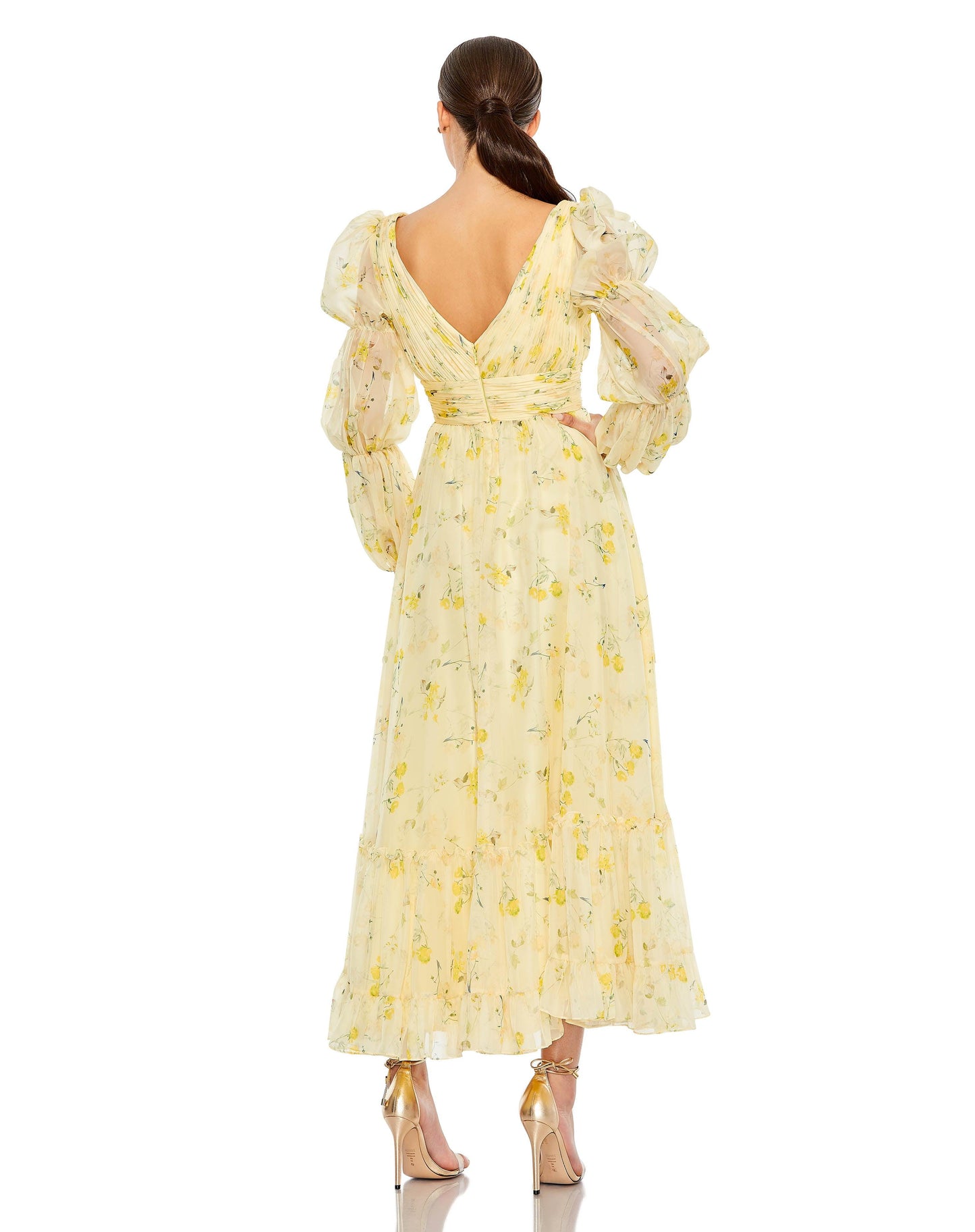 Formal Dresses Long Sleeve Formal Tea Length Dress Yellow Multi