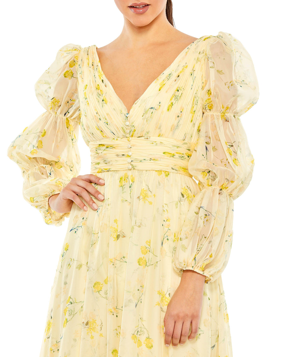 Formal Dresses Long Sleeve Formal Tea Length Dress Yellow Multi