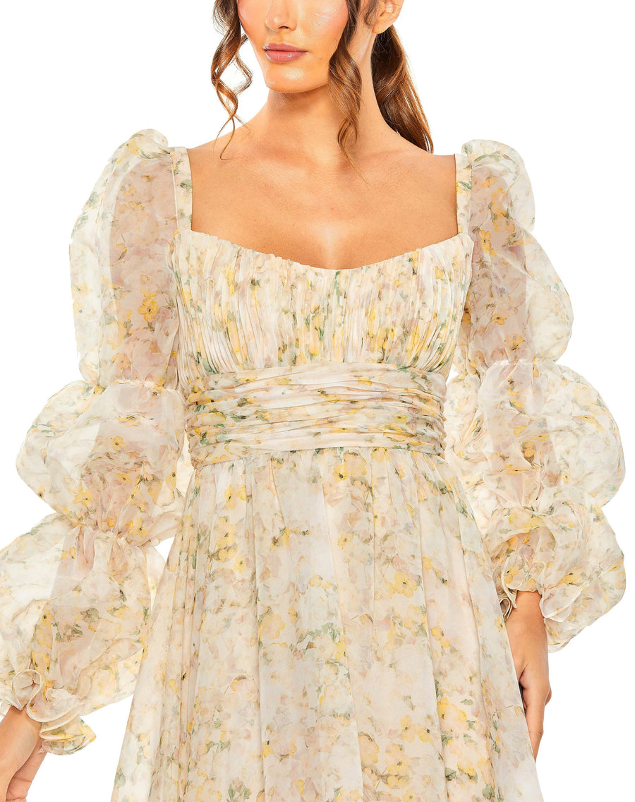 Formal Dresses Long Sleeve Formal Floral Chiffon Dress White Multi