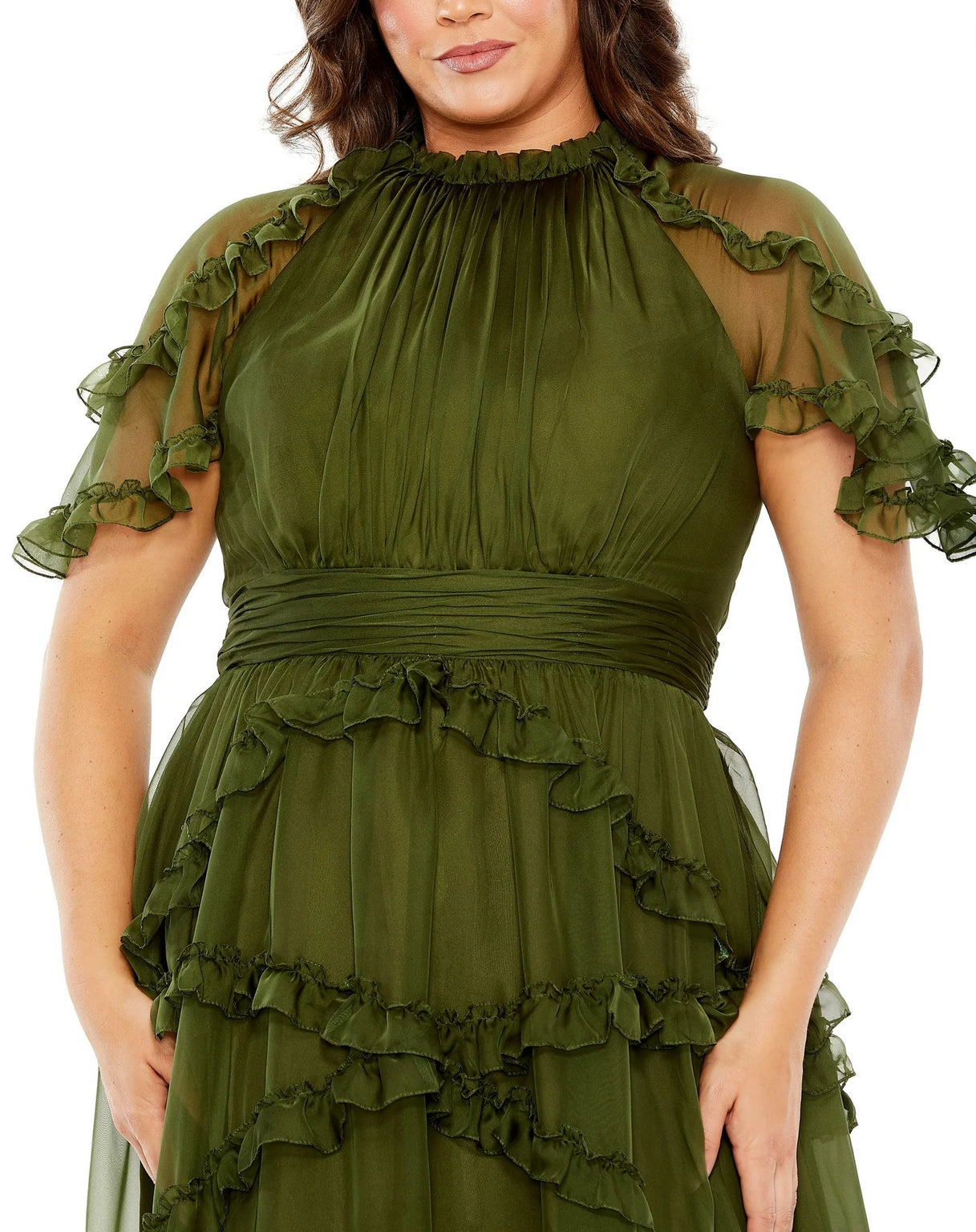 Plus Size Dresses High Neck Ruffle Tiered Flutter Sleeve Plus Size Dress Olive