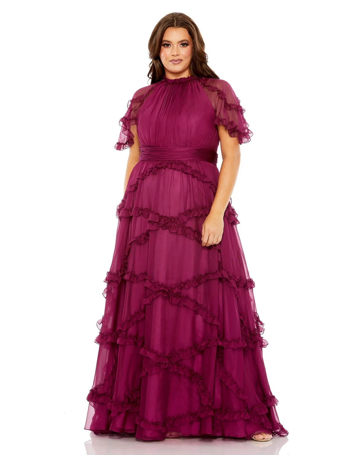 Plus Size Dresses High Neck Ruffle Tiered Flutter Sleeve Plus Size Dress Raspberry