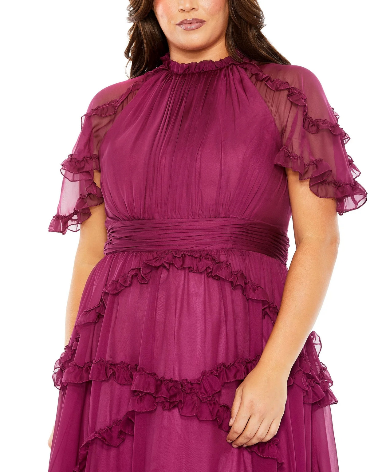 Plus Size Dresses High Neck Ruffle Tiered Flutter Sleeve Plus Size Dress Raspberry