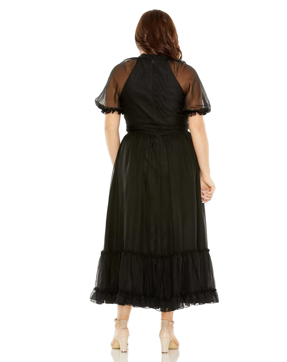 Plus Size Dresses Sheer Puff Sleeve Plus Size Midi Dress Black