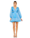 Cocktail Dresses Long Sleeve Pleated A Line Cocktail Mini Dress Blue