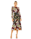 Formal Dresses Long Sleeve Floral Tea Length Dress Black Multi