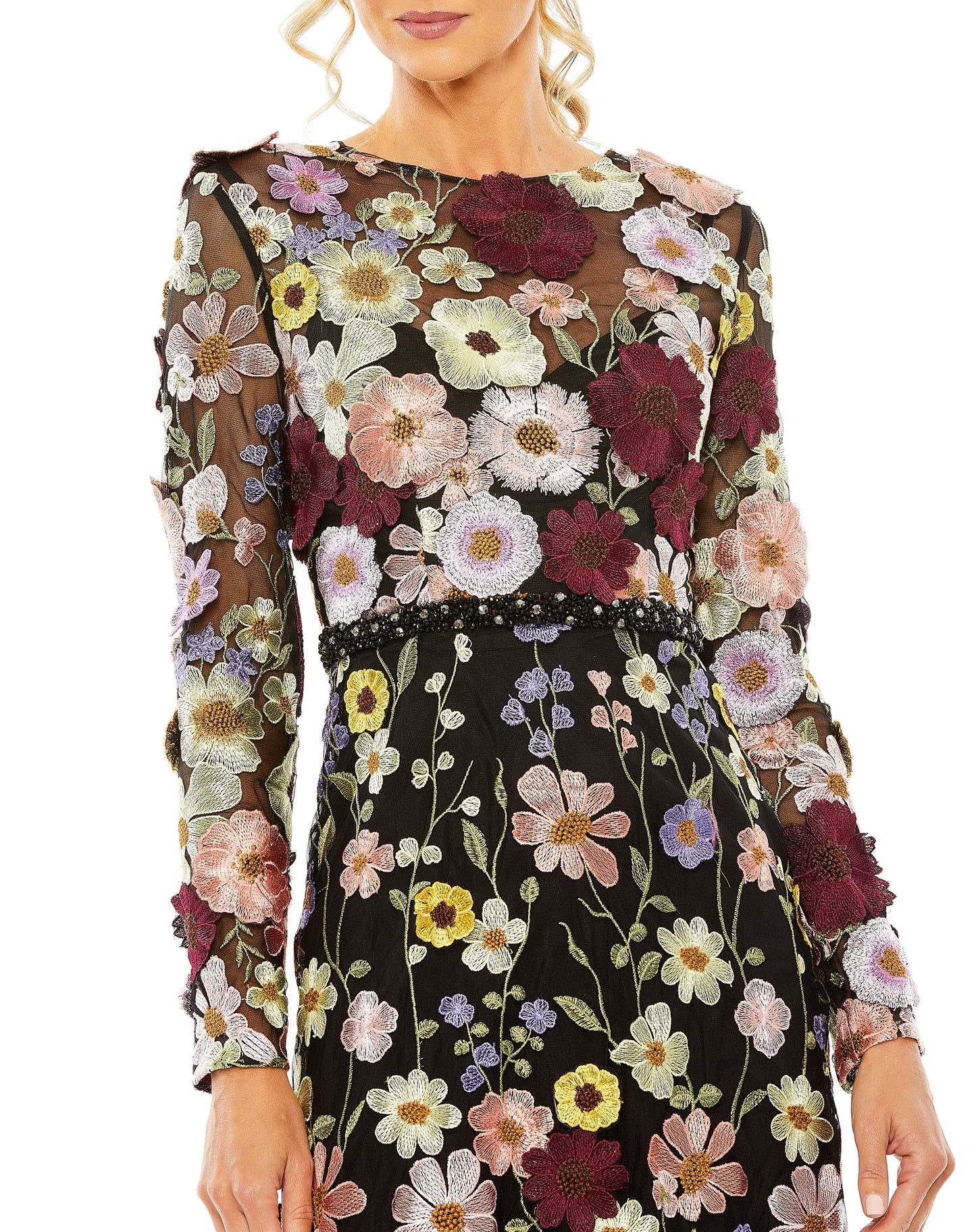 Formal Dresses Long Sleeve Floral Tea Length Dress Black Multi