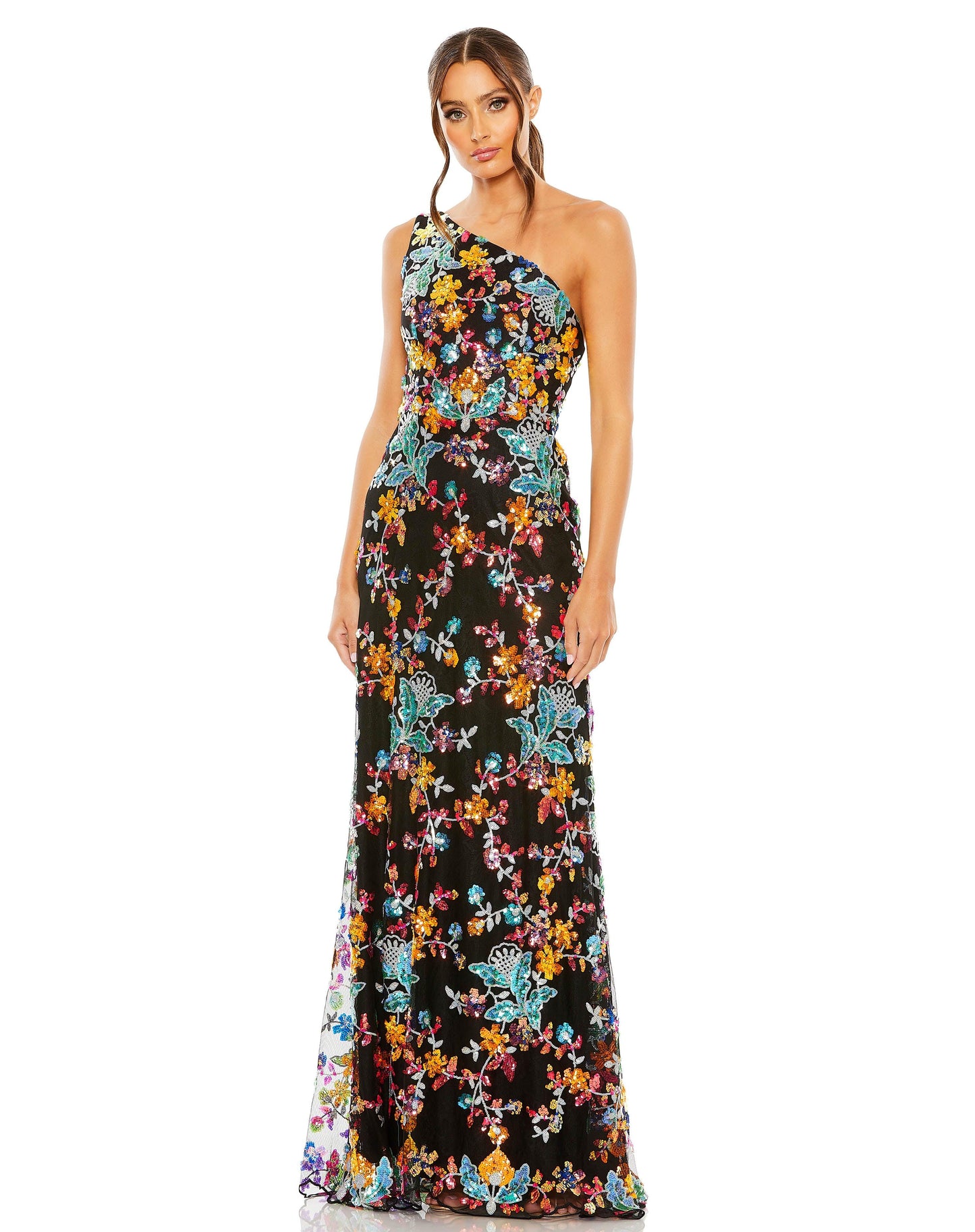 Prom Dresses Long One ShoulderFloral Prom Gown Black Multi