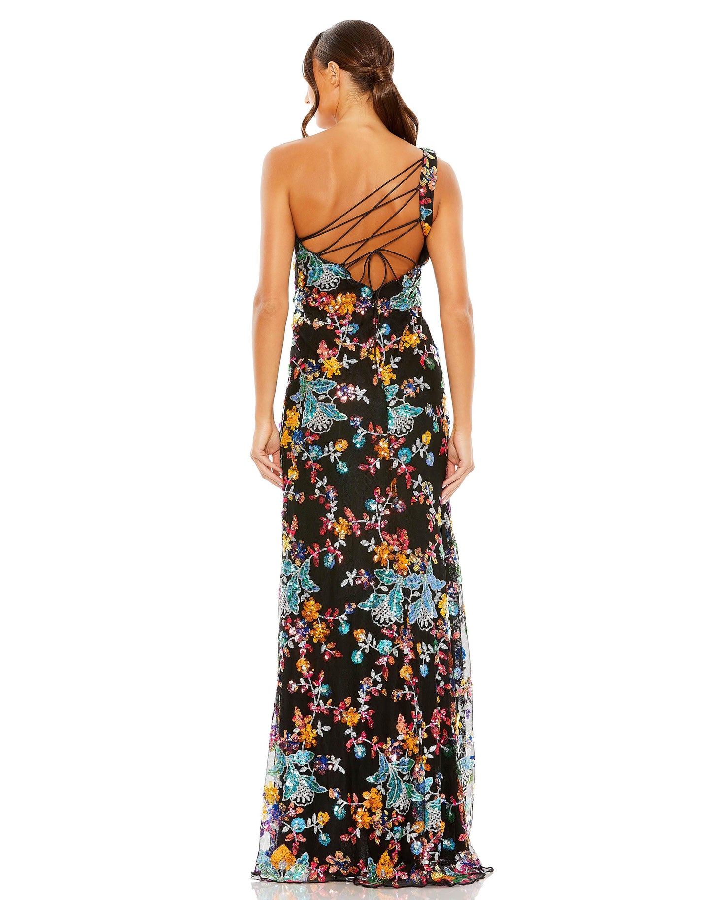 Prom Dresses Long One ShoulderFloral Prom Gown Black Multi