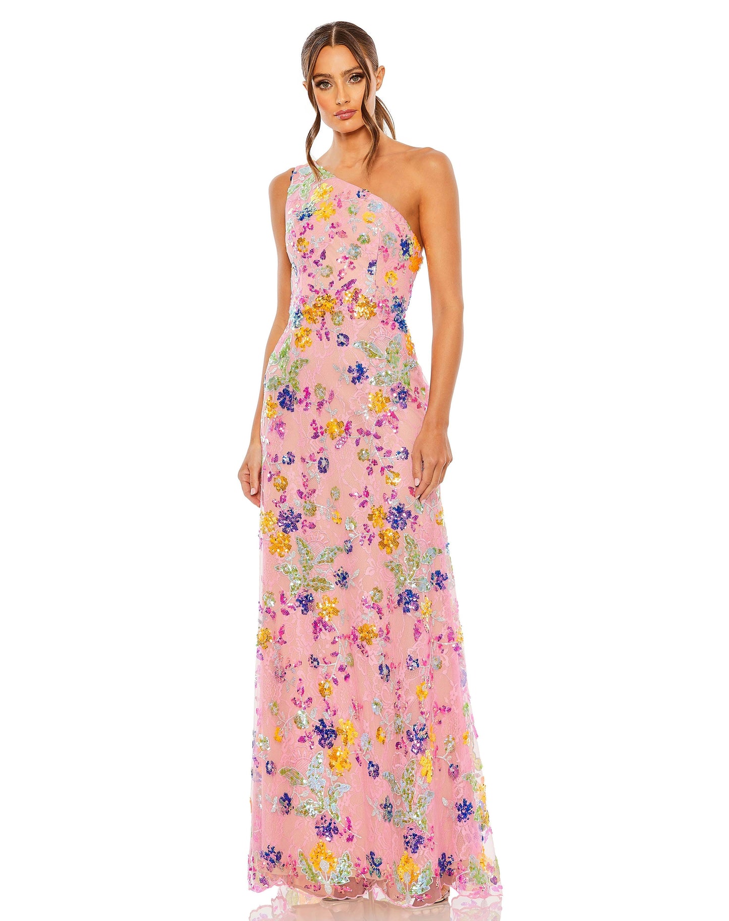 Prom Dresses Long One ShoulderFloral Prom Gown Pink Multi