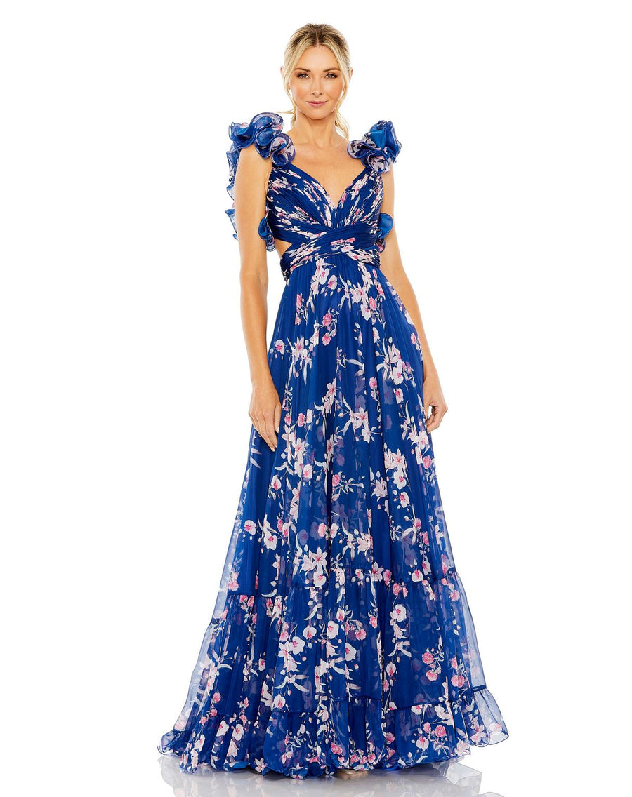 Prom Dresses Ruffle Tiered Floral Long Prom Formal Dress Blue Multi