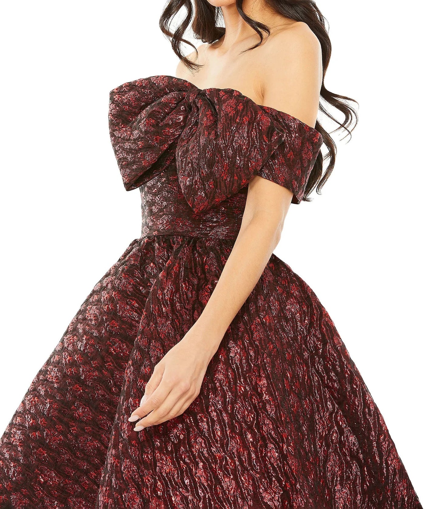 Cocktail Dresses Brocade Off Shoulder Bow Detail Short Dress Ruby