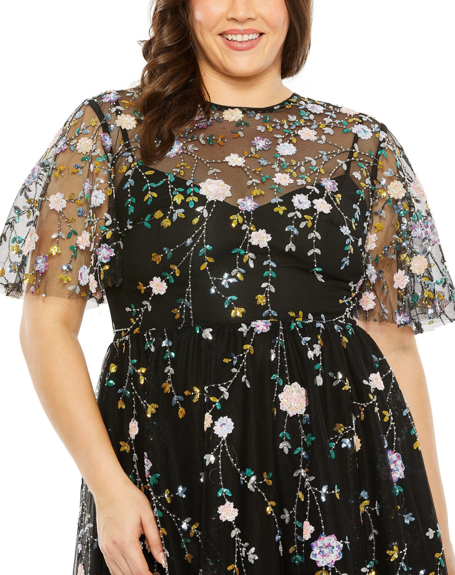 Plus Size Dresses Plus Size Sequin Floral Detail Midi Dress Black Multi