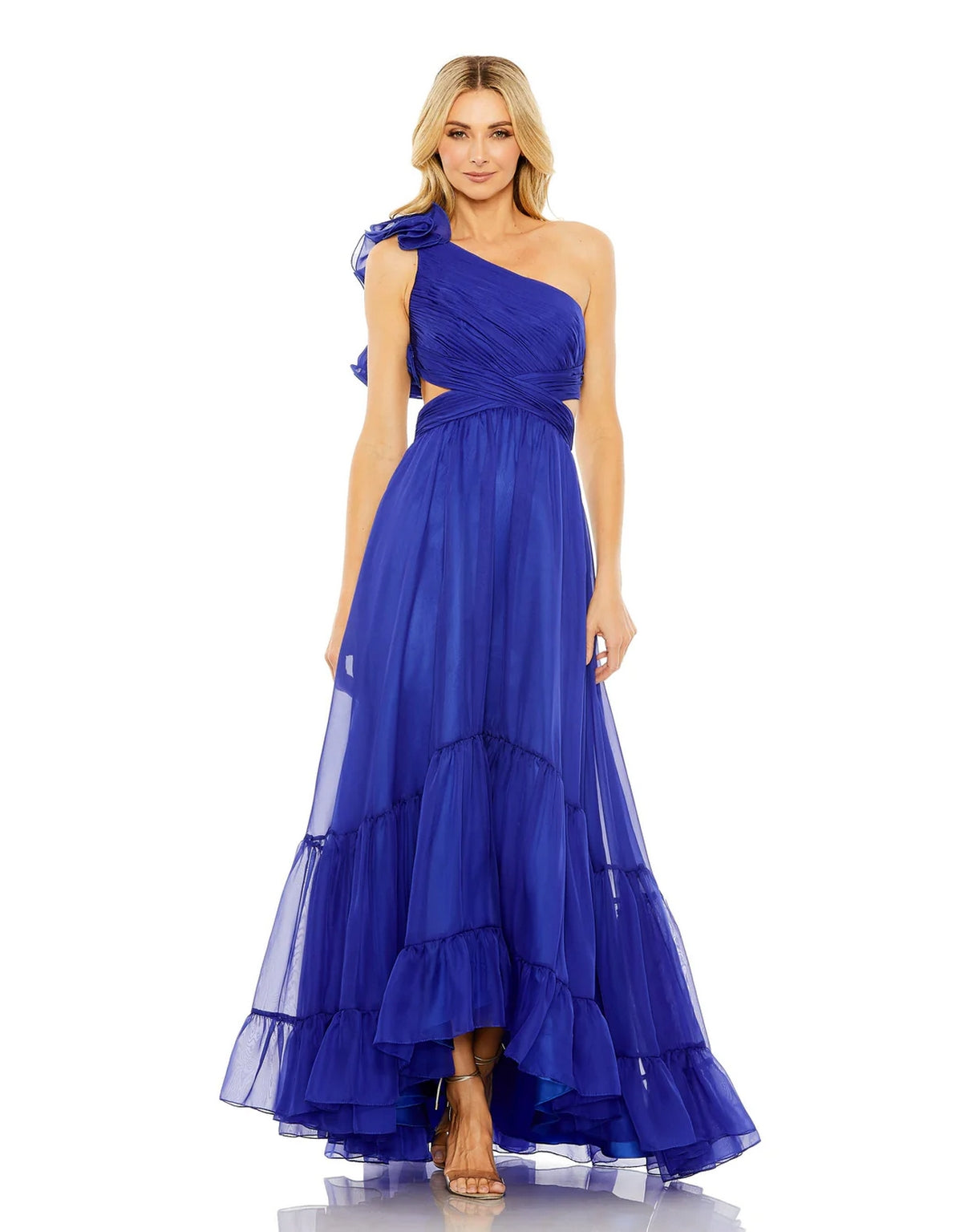 Formal Dresses High Low One Shoulder Ruffle Tiered Cut Out Chiffon Dress Cobalt