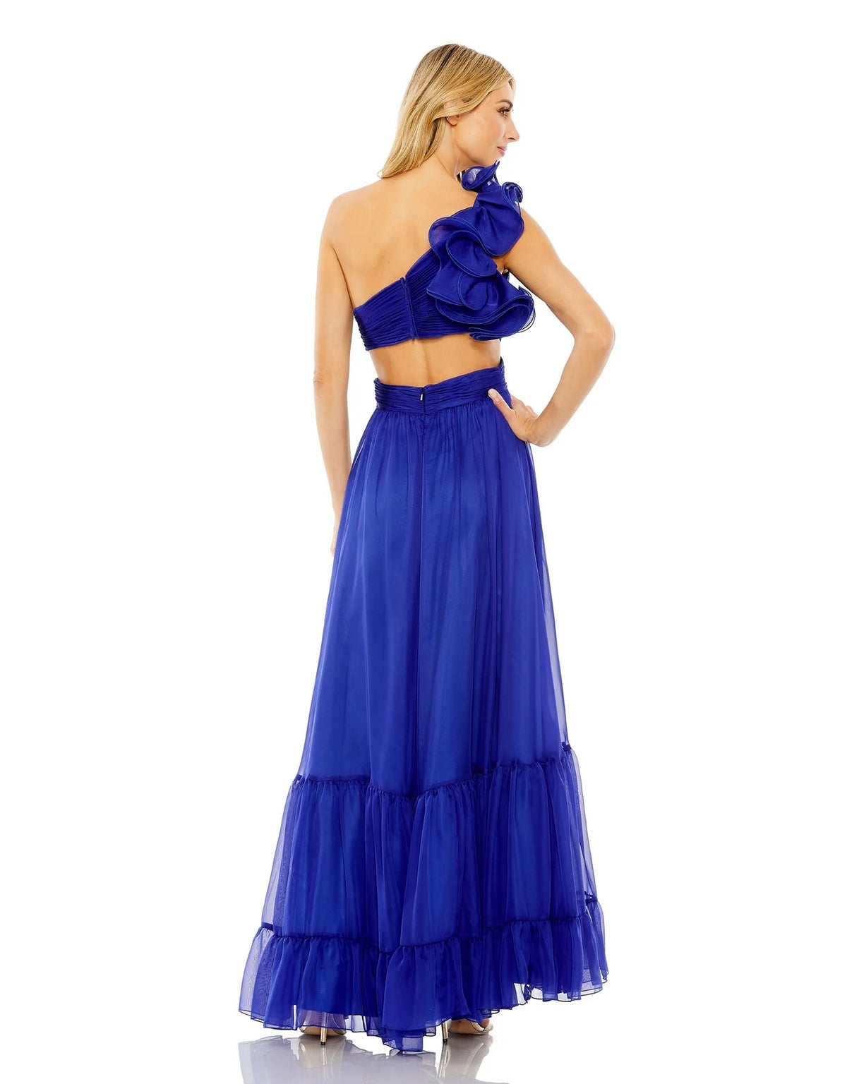 Formal Dresses High Low One Shoulder Ruffle Tiered Cut Out Chiffon Dress Cobalt