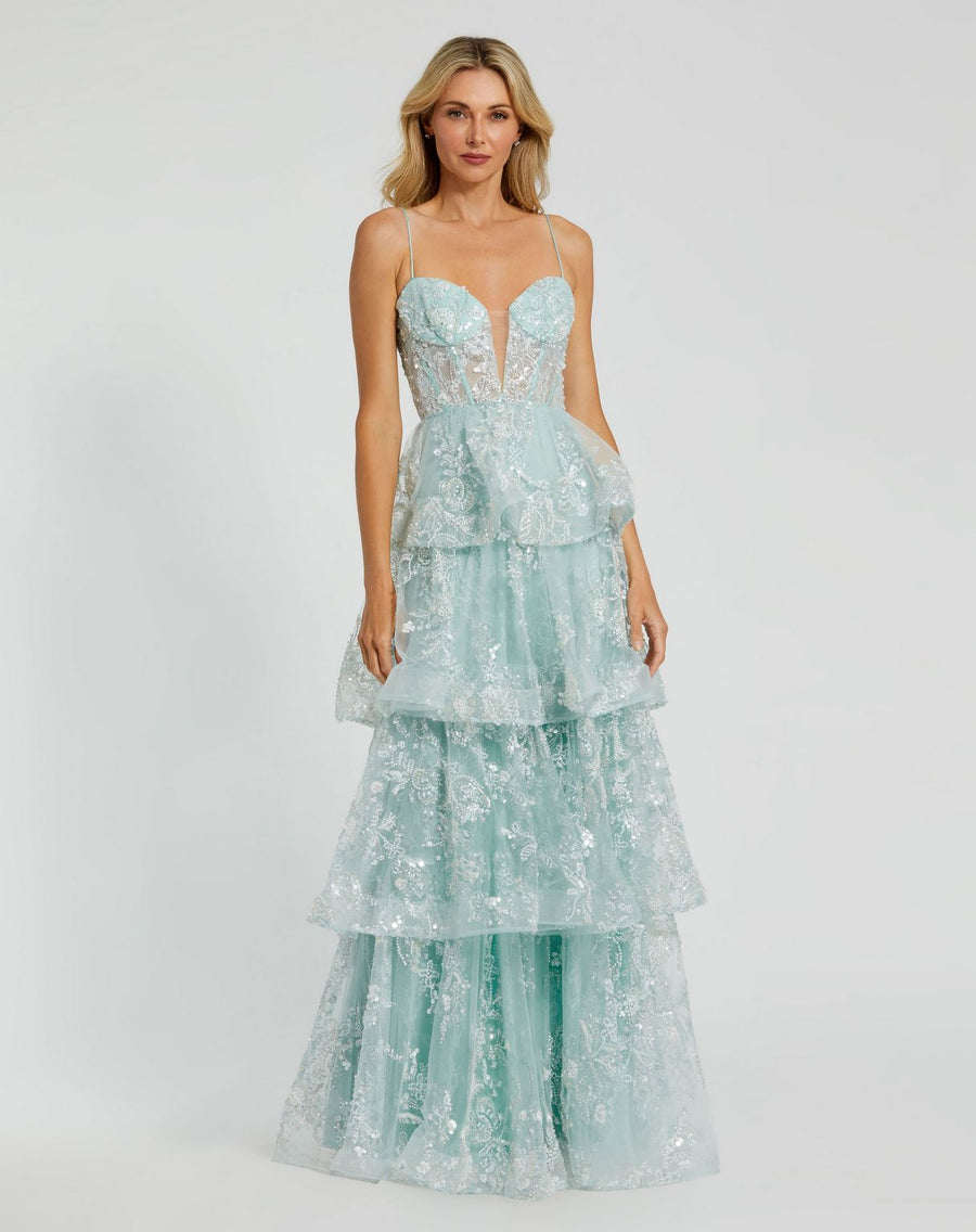 Prom Dresses Tiered Ruffle Long Prom Gown Mint