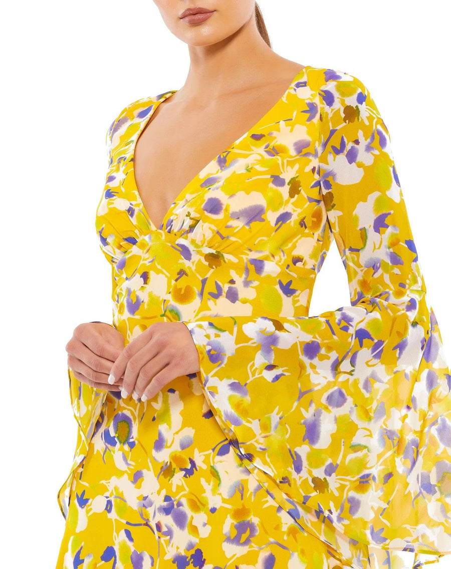 Cocktail Dresses Long Sleeve Floral Cocktail Dress Yellow Multi