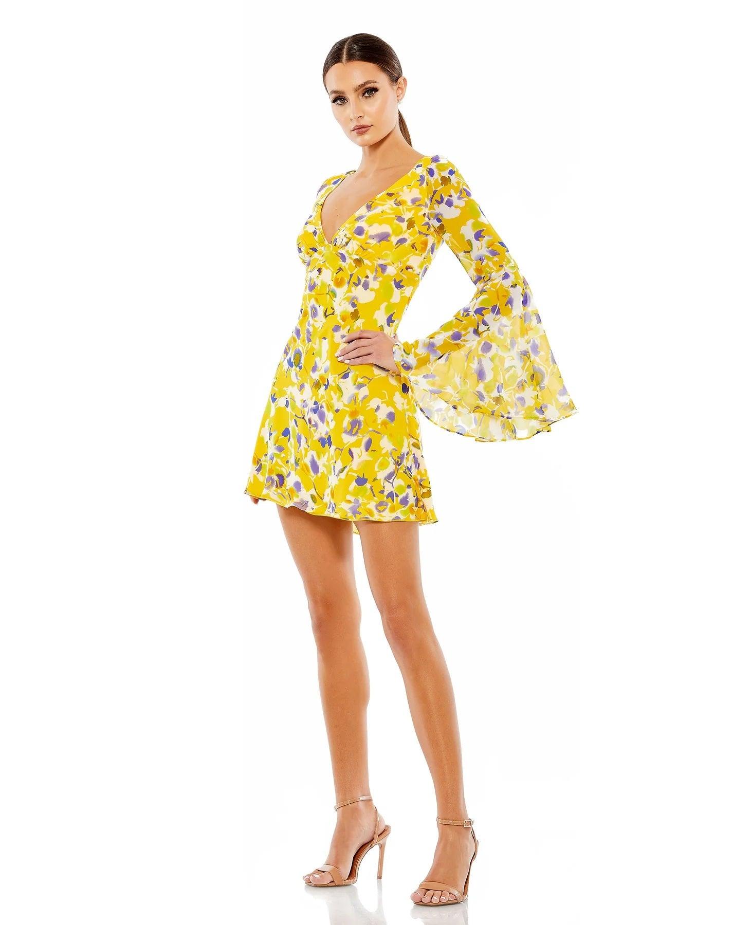 Cocktail Dresses Long Sleeve Floral Cocktail Dress Yellow Multi