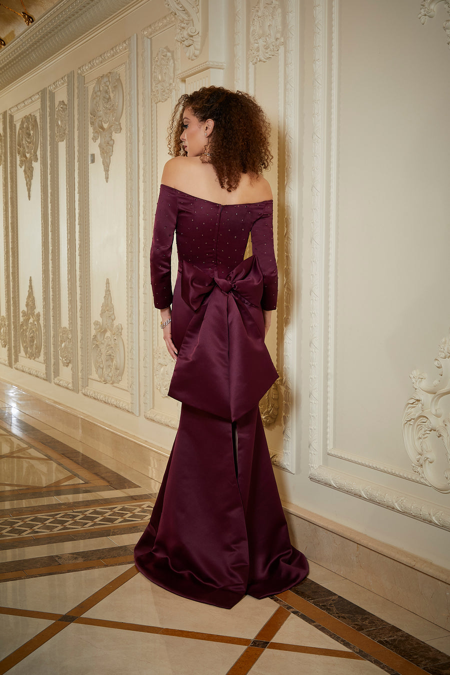 Mother of the Bride Dresses Long Formal Beaded Dress with Bow Bordeaux