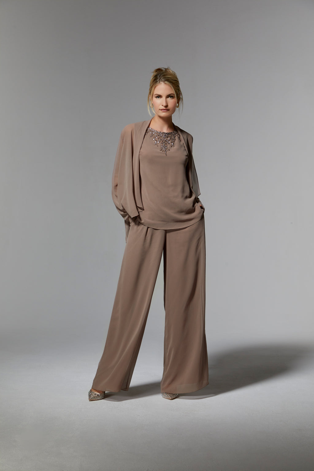 Pant Suit Long Formal Evening Pant Suit Three Piece Set Fawn