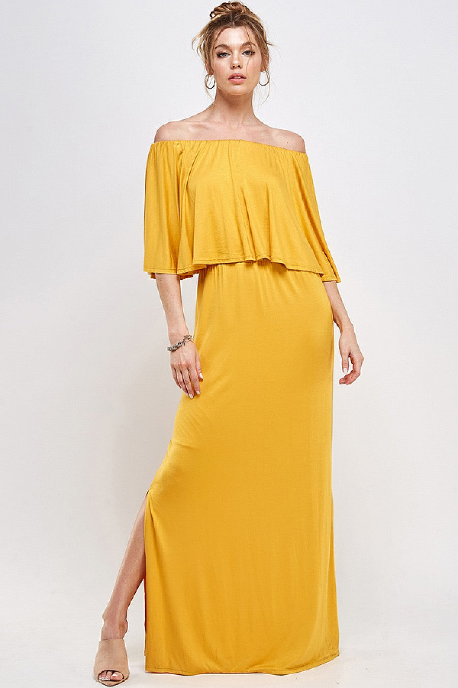 Formal Dresses Long Off Shoulder Side Slit Maxi Dress Mustard