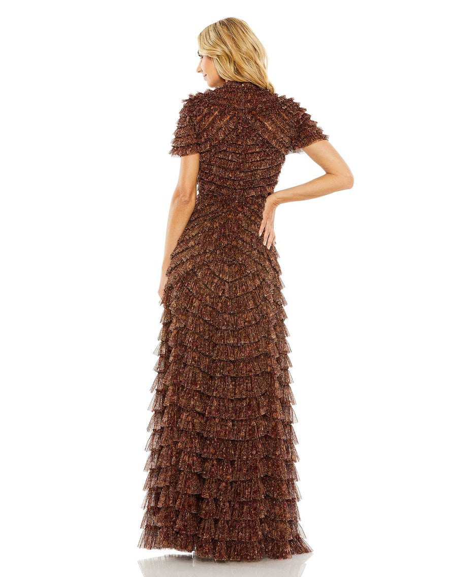 Formal Dresses Long Ruffle Tiered Short Sleeve Dress Brown Multi