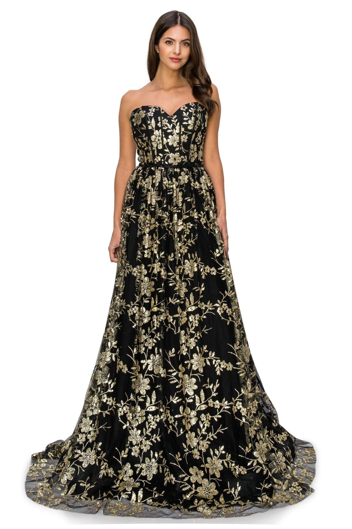 Cinderella Couture CC8043J Strapless Glittered Print A Line Gown Black