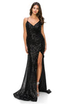 Cinderella Couture CC8056J Spaghetti Strap Sequins Formal Slit Dress Black