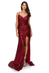 Cinderella Couture CC8056J Spaghetti Strap Sequins Formal Slit Dress Burgundy