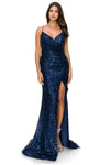 Cinderella Couture CC8056J Spaghetti Strap Sequins Formal Slit Dress Navy