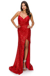 Cinderella Couture CC8056J Spaghetti Strap Sequins Formal Slit Dress Red