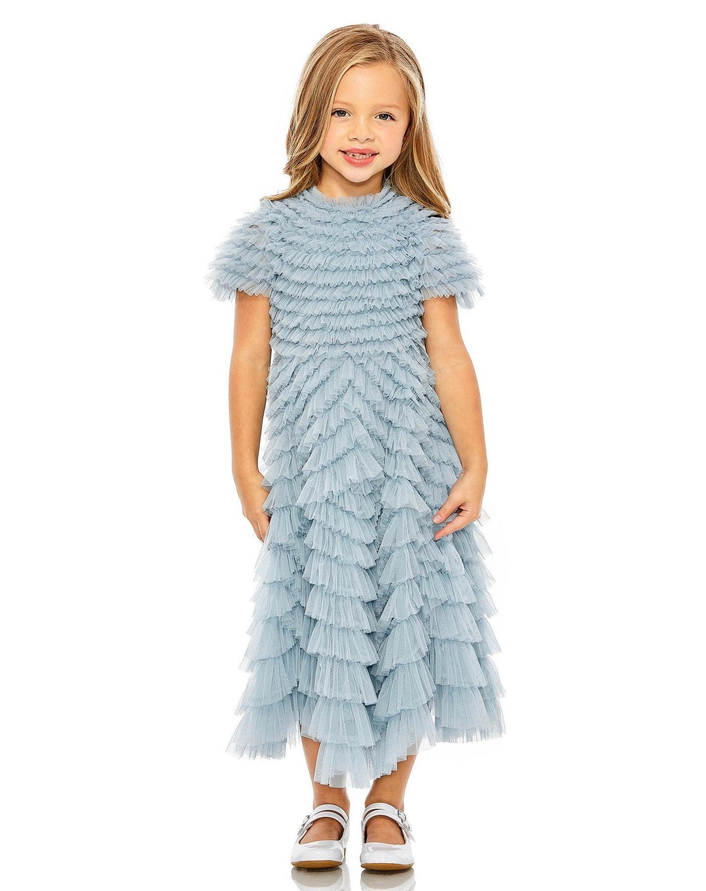 Flower Girl Dresses Short Sleeve Chiffon Flower Girls Tea Length Dress French Blue