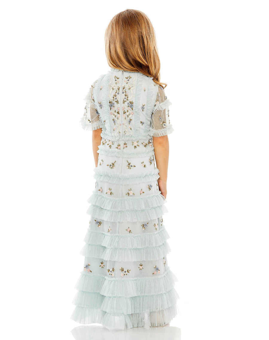 Flower Girl Dresses Short Sleeve Little Girls Long Dress Blue Multi