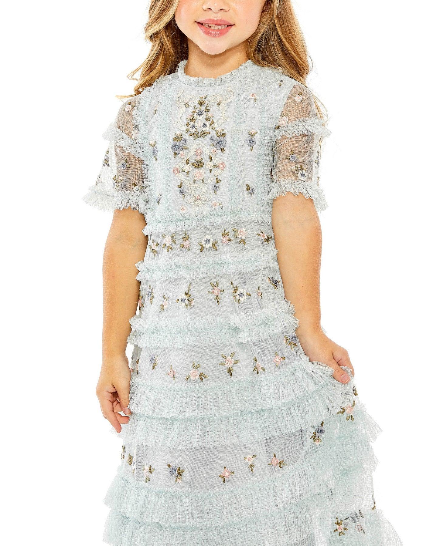 Flower Girl Dresses Short Sleeve Little Girls Long Dress Blue Multi