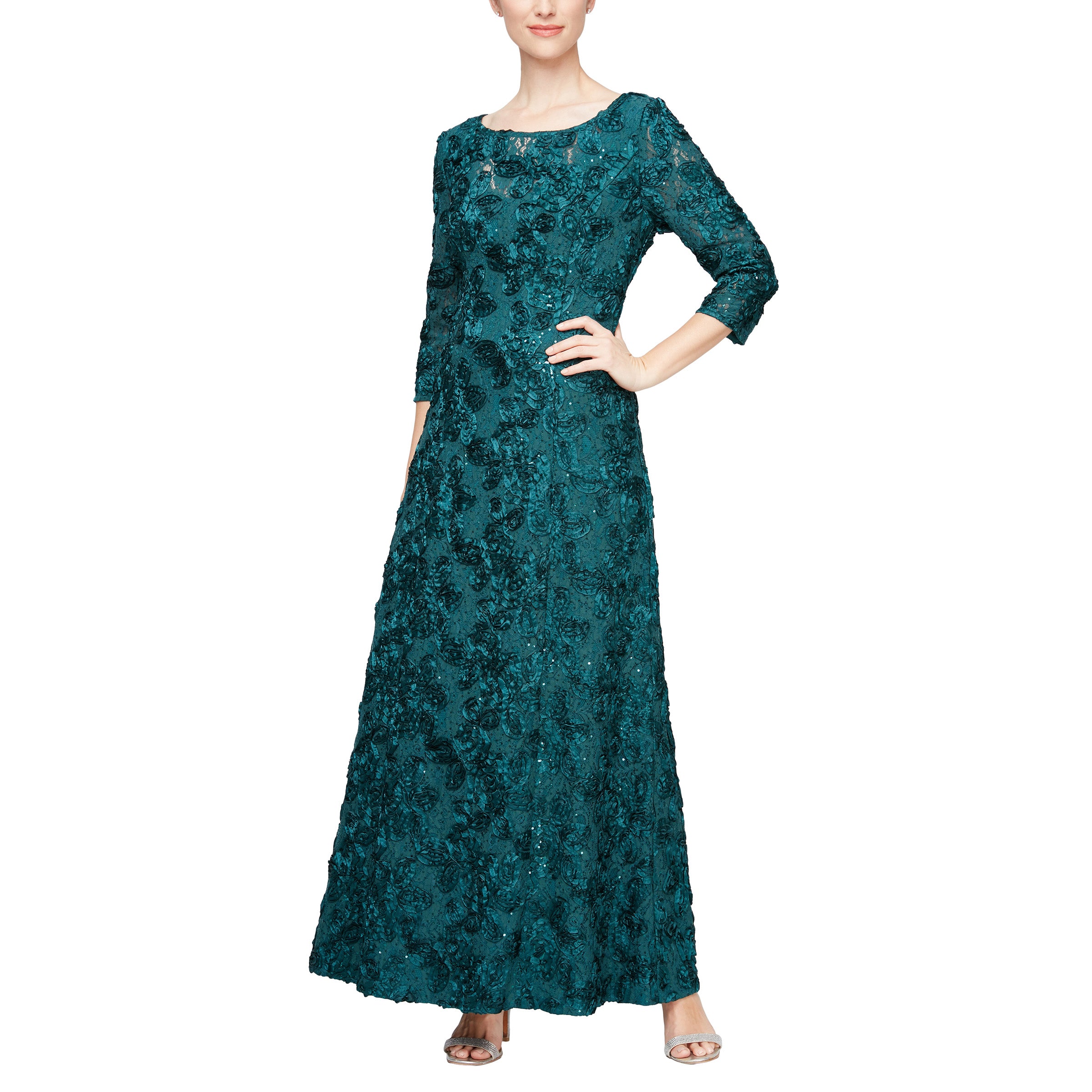 Emerald Green Alex Evenings 81122539 Long 3 4 Sleeve Lace Formal Dress for 259.99 The Dress Outlet