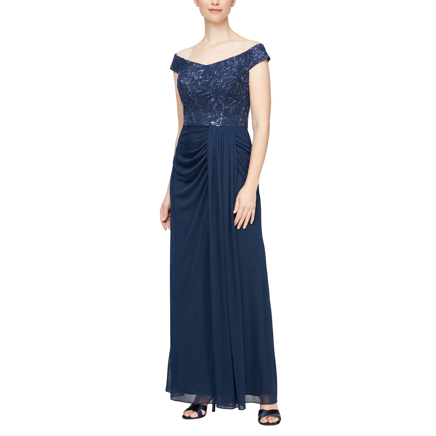 Formal Dresses Long Off Shoulder Embroidered Formal Dress Navy