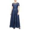 Formal Dresses Long Embroidered Formal Short Sleeve Dress Navy