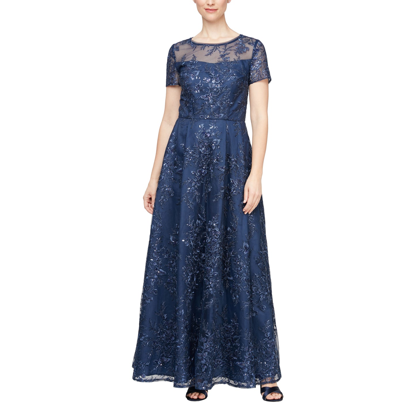 Formal Dresses Long Embroidered Formal Short Sleeve Dress Navy