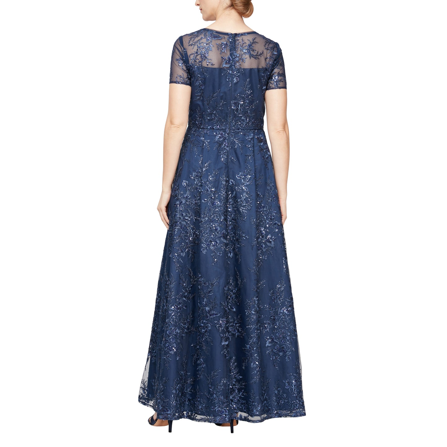 Formal Dresses Long Embroidered Formal Short Sleeve Dress Navy