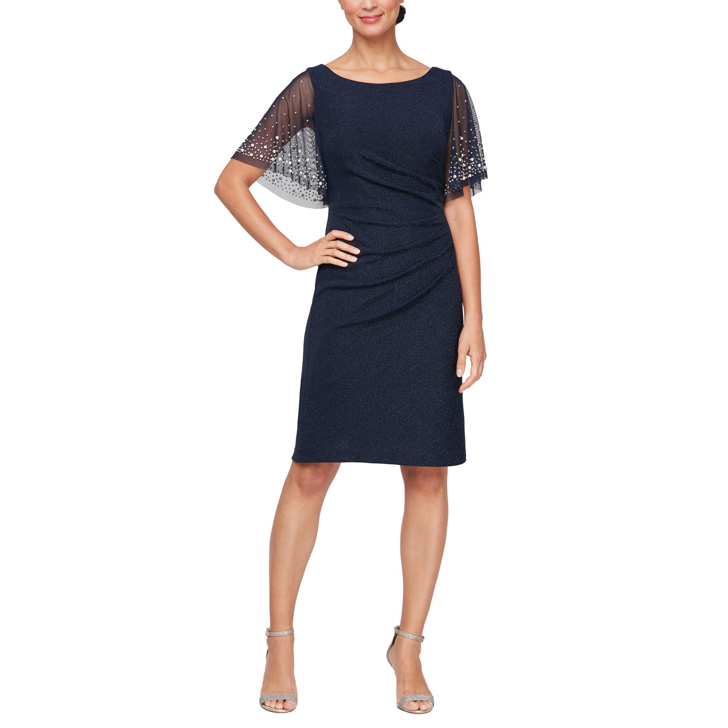 Mother of the Bride Dresses Short Illusion Sleeve Dress Dark Navy