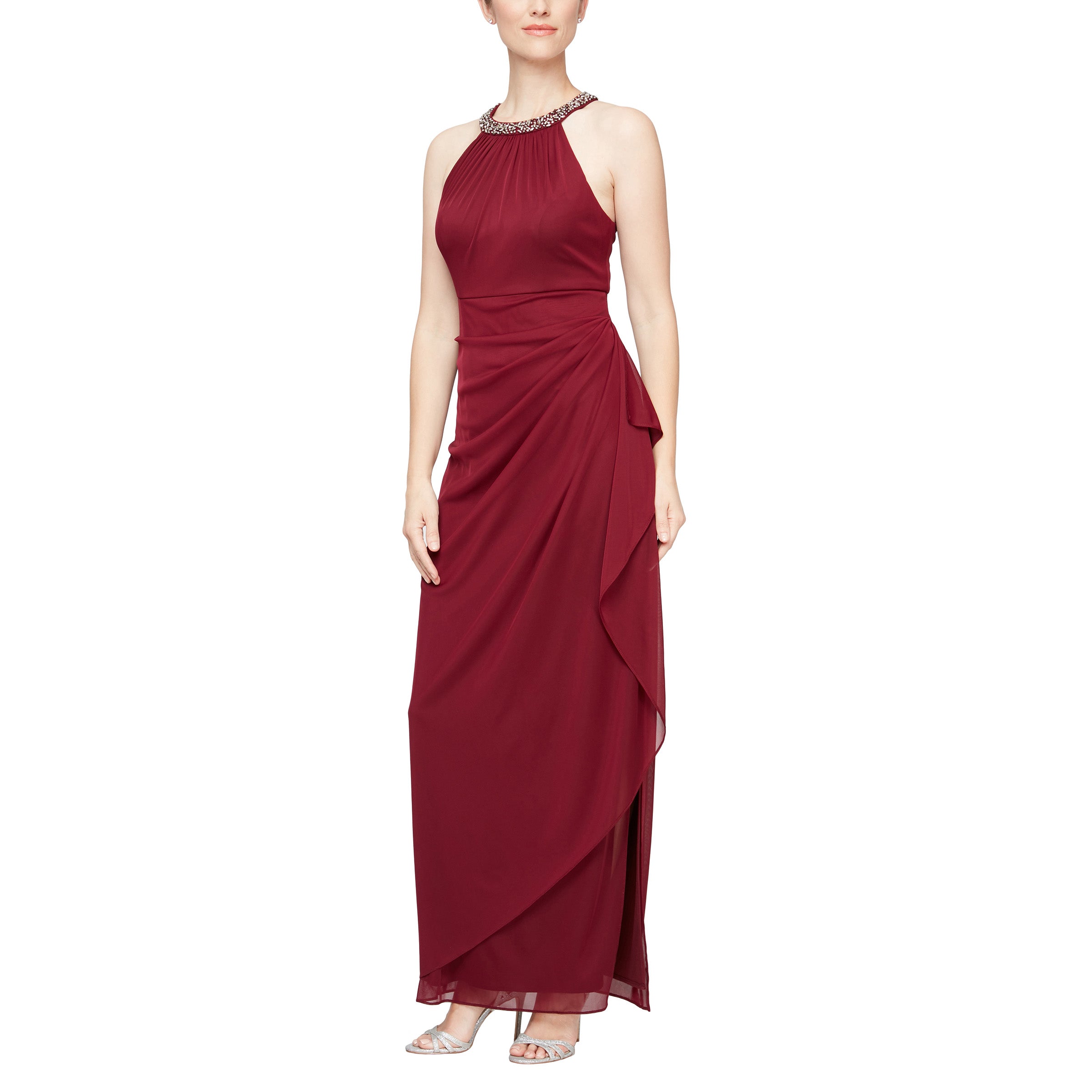 Wine Alex Evenings 8132966 Long Halter Beaded Formal Dress for $199.99 ...