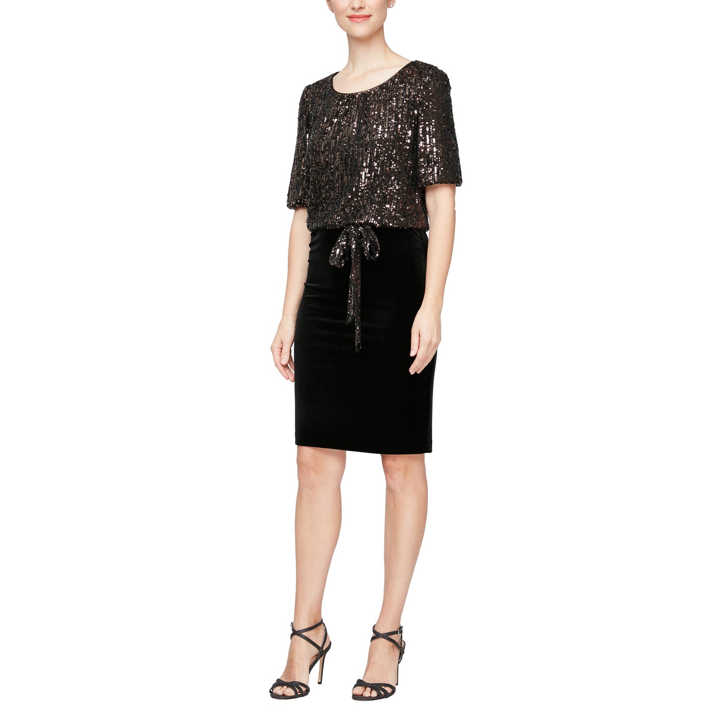 Cocktail Dresses Short Bubble Sleeve Sequin Blouson Dress Black/Bronze