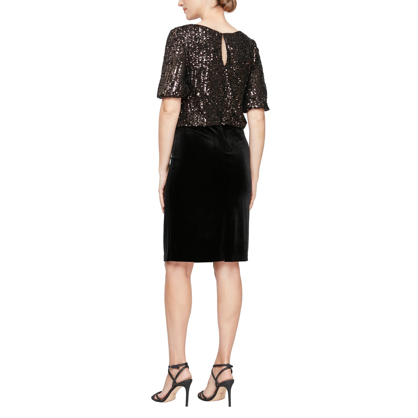 Cocktail Dresses Short Bubble Sleeve Sequin Blouson Dress Black/Bronze