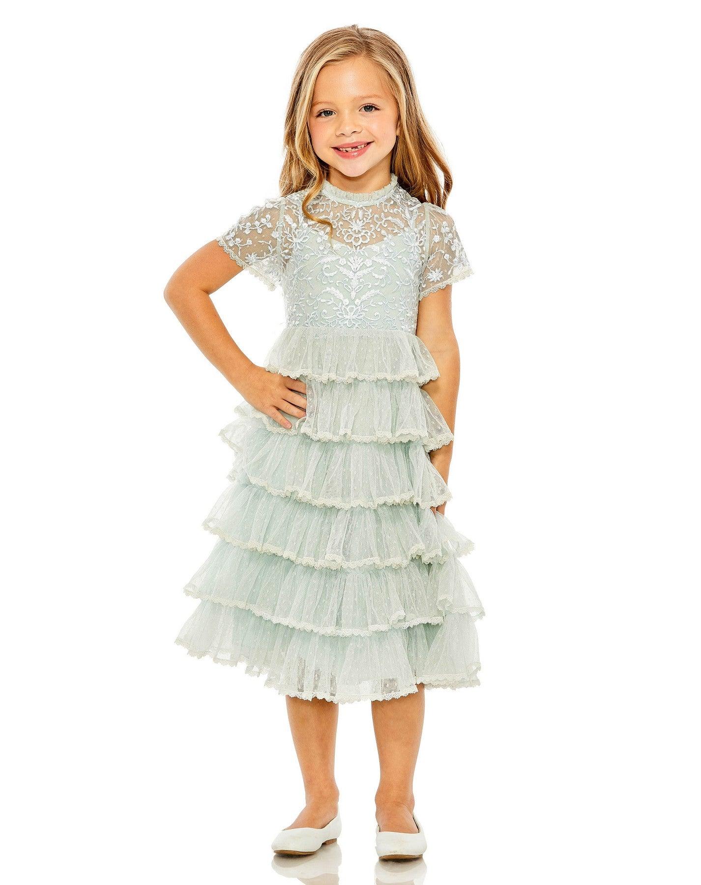 Flower Girl Dresses Little Girls Short Sleeve Lace Midi Length Dress Seafoam