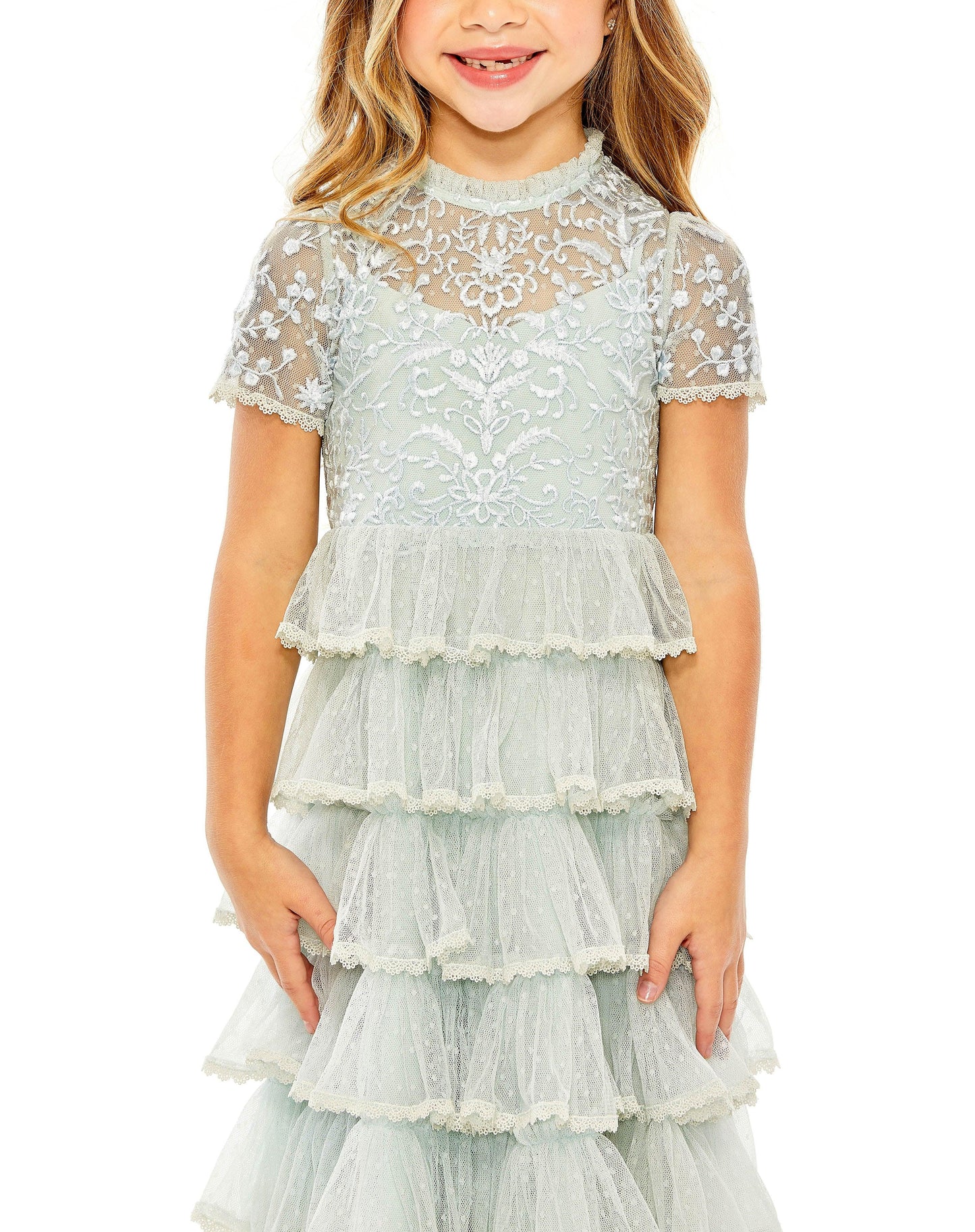 Flower Girl Dresses Little Girls Short Sleeve Lace Midi Length Dress Seafoam