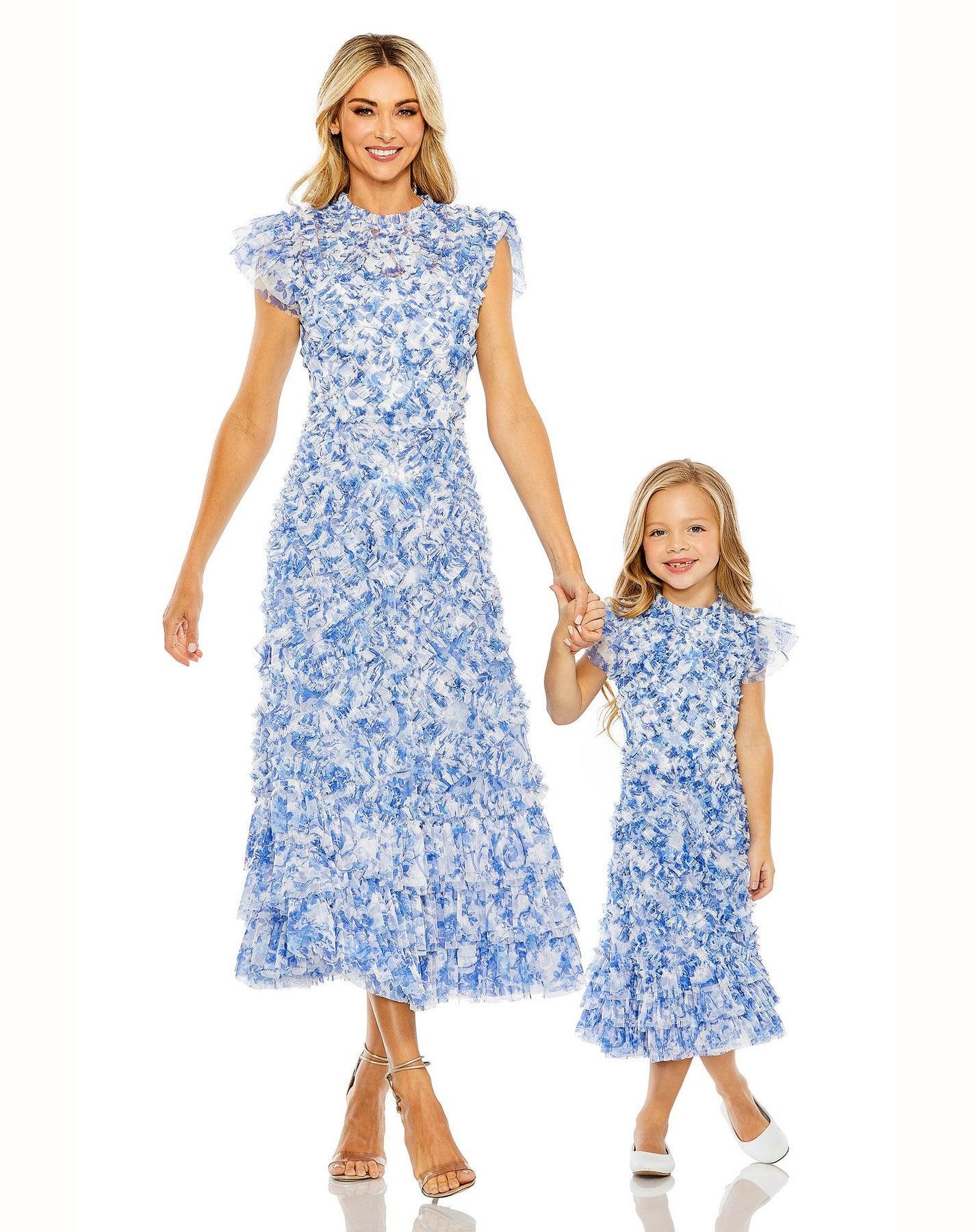 Flower Girl Dresses Little Girls Cap Sleeve Chiffon Midi Length Dress Blue Multi